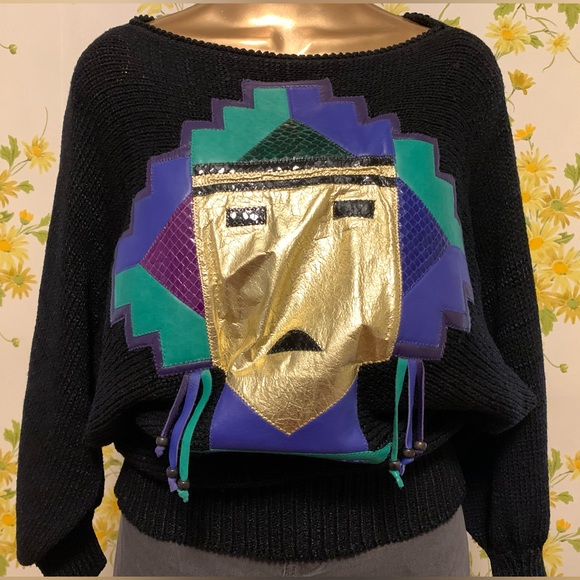 Augustina Vintage Leather Aztec Sweater size M - Picture 1 of 14